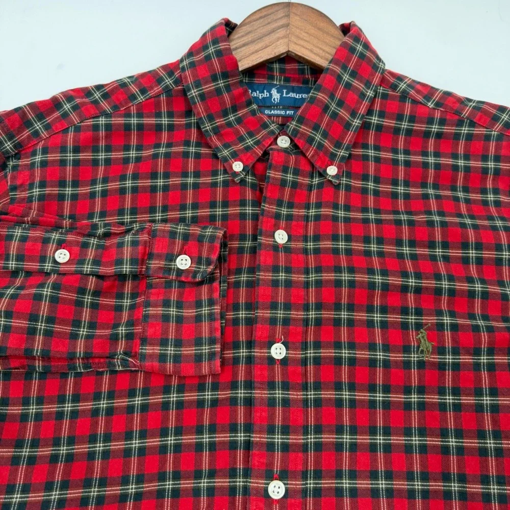Polo Ralph Lauren Mens Large Classic Fit Red Black Plaid Flannel Shirt L